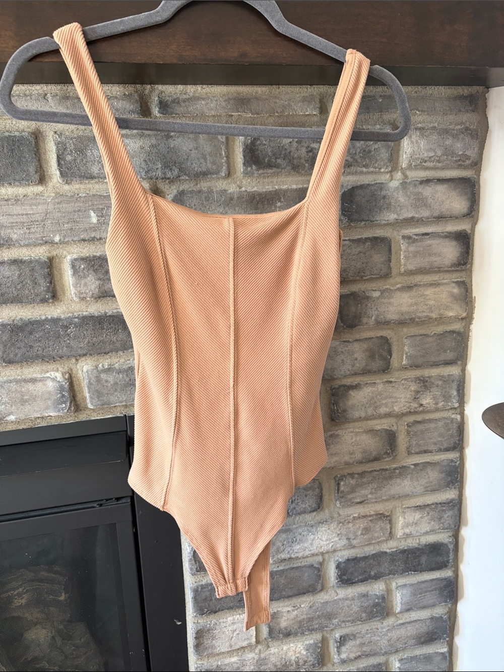 Square Neck Ribbed Bodysuit in Nude Peach